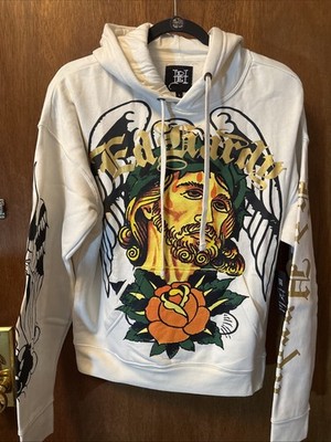 Ed Hardy Hoodie Savior Graphic Ivory Pullover Sweatshirt Men s Size Small Y2K