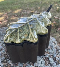 Ceramic Brown Green Oak Leaf Lidded Decor Leaf Fall Autumn New Old Stock