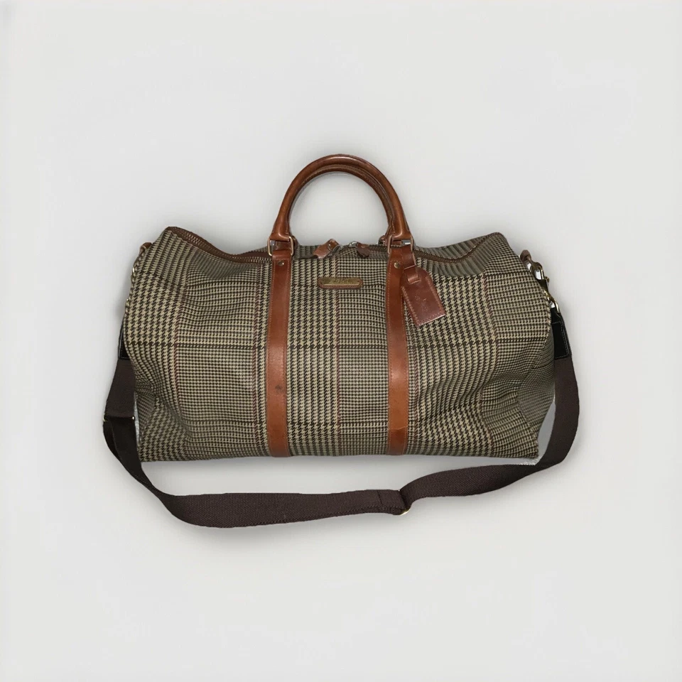 Polo Ralph Lauren Houndstooth Duffel Weekender Travel Bag Vintage Leather/Canvas - Image 2 of 4