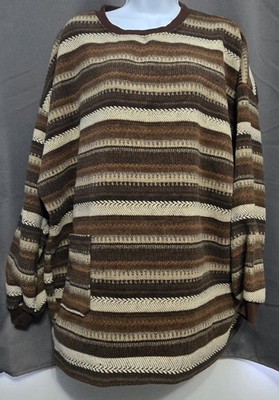 Women's Brown Tan Striped Knit Sweater Pullover Long Sleeve Relaxed Fit Crew