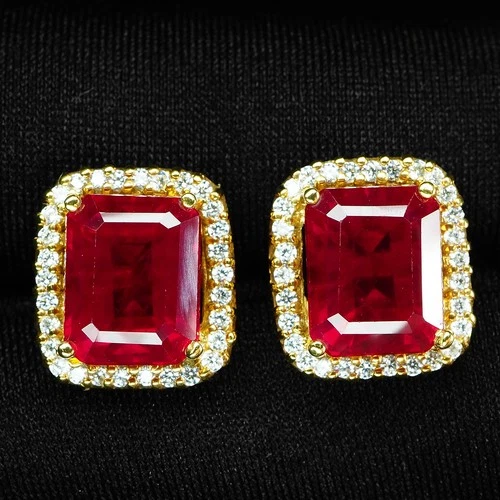 Pigeon Blood Red Ruby 10.25Ct 925 Sterling Silver Handmade 24K Gold Earrings