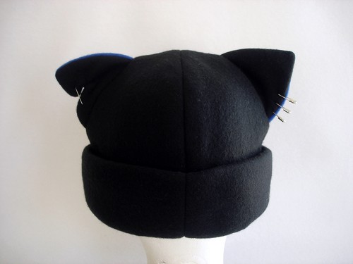 Kitty CAT ear HAT pins beanie BLACK & BLUE battle scar cosplay Easter HALLOWEEN - Picture 3 of 4