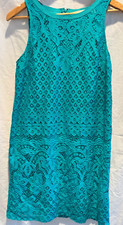LOFT SIZE 8 Aqua/Blue Cotton/Nylon Blend Floral Lace Overlay Knee Length