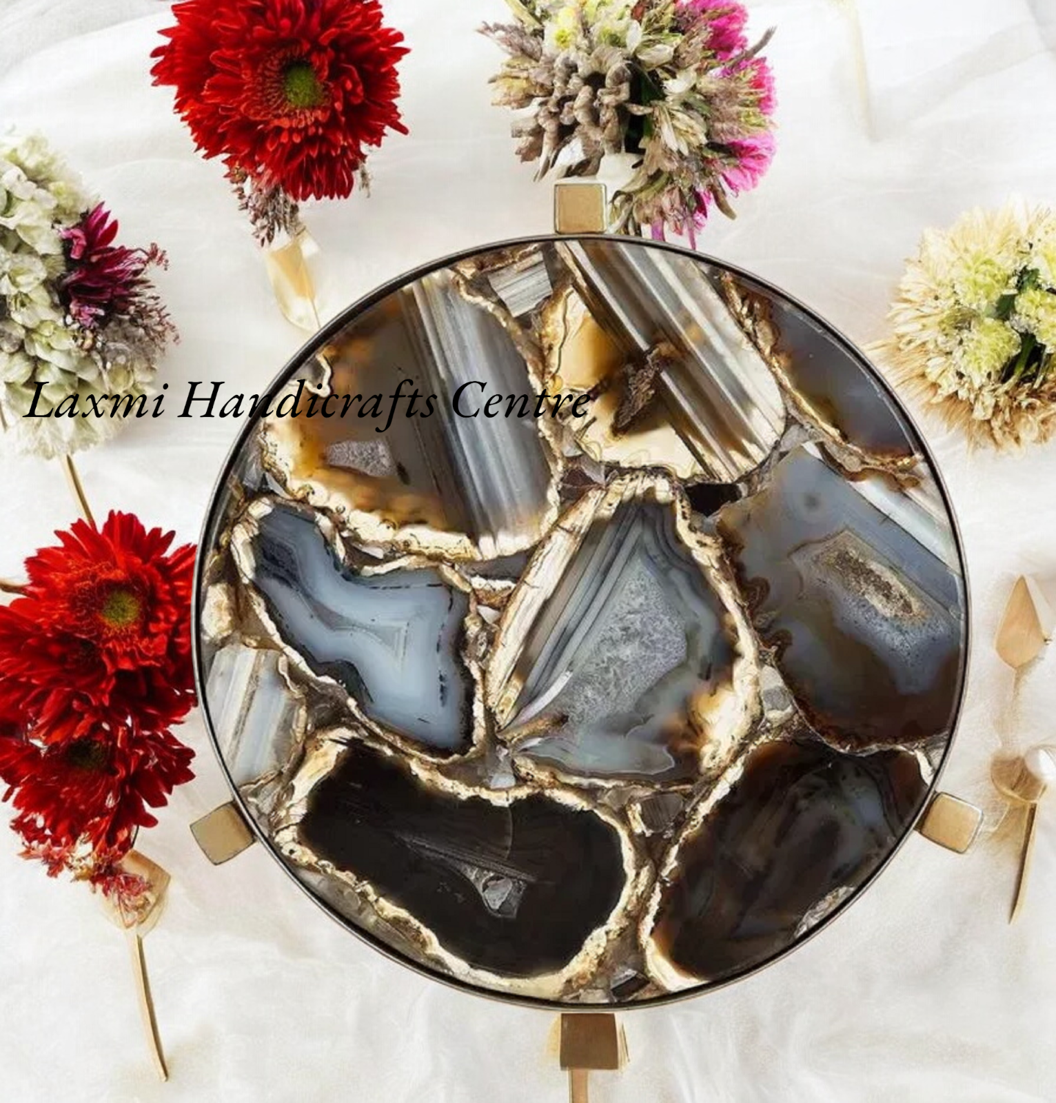 Natural Wild Agate Round Coffee Table with Handmade Mosaic Art Decor