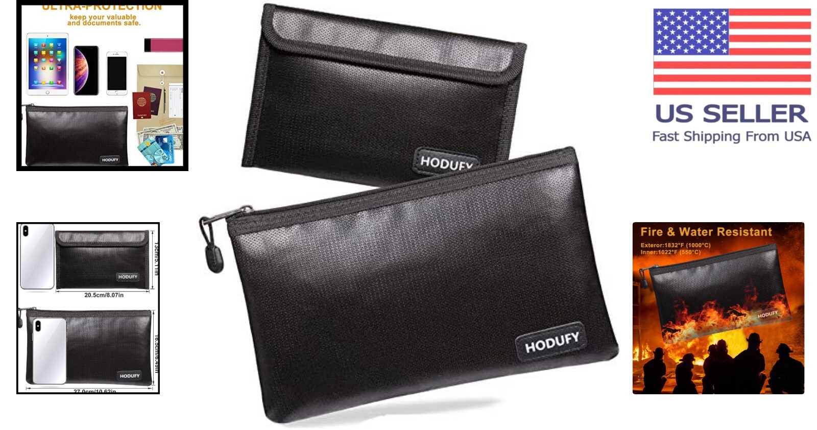 Fireproof and Waterproof Black Money Bag Set - Ultimate Protection for Valuables