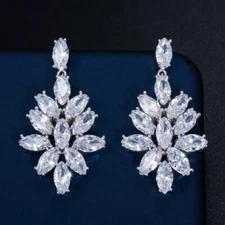 Marquise Zircon Crystal Chandelier Dangle Earrings Silver Plated Wedding Jewelry