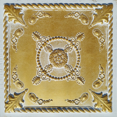 Grid System, Pop In, 24'' x 24'', 3D, PVC, Ceiling Tiles, JEWEL Antique GOLD White