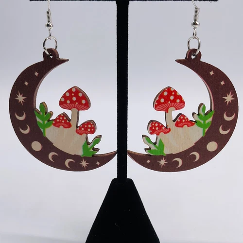 Mushroom Moon Earrings Phases Boho Laser Cut Wood Lightweight Cottage Halloween