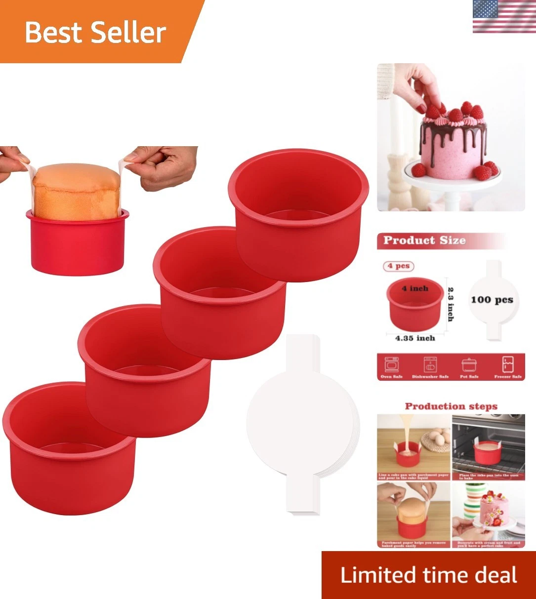 4 Inch Cake Pan, 4 Pack Silicone Cake Molds with 100 Pieces Parchment Paper, ...