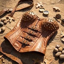 Brown Leather Underbust Corset Women Gothic Steampunk Punk Spiked Buckle Waist C