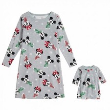 Minnie and Mickey Girl's Soft Velour Winter Holiday Nightgown and Doll Gown Set