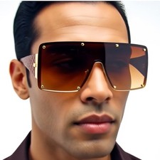 Shield Sunglasses Men Oversized Flat Top Rivet Detail Brown Fashion Luxury