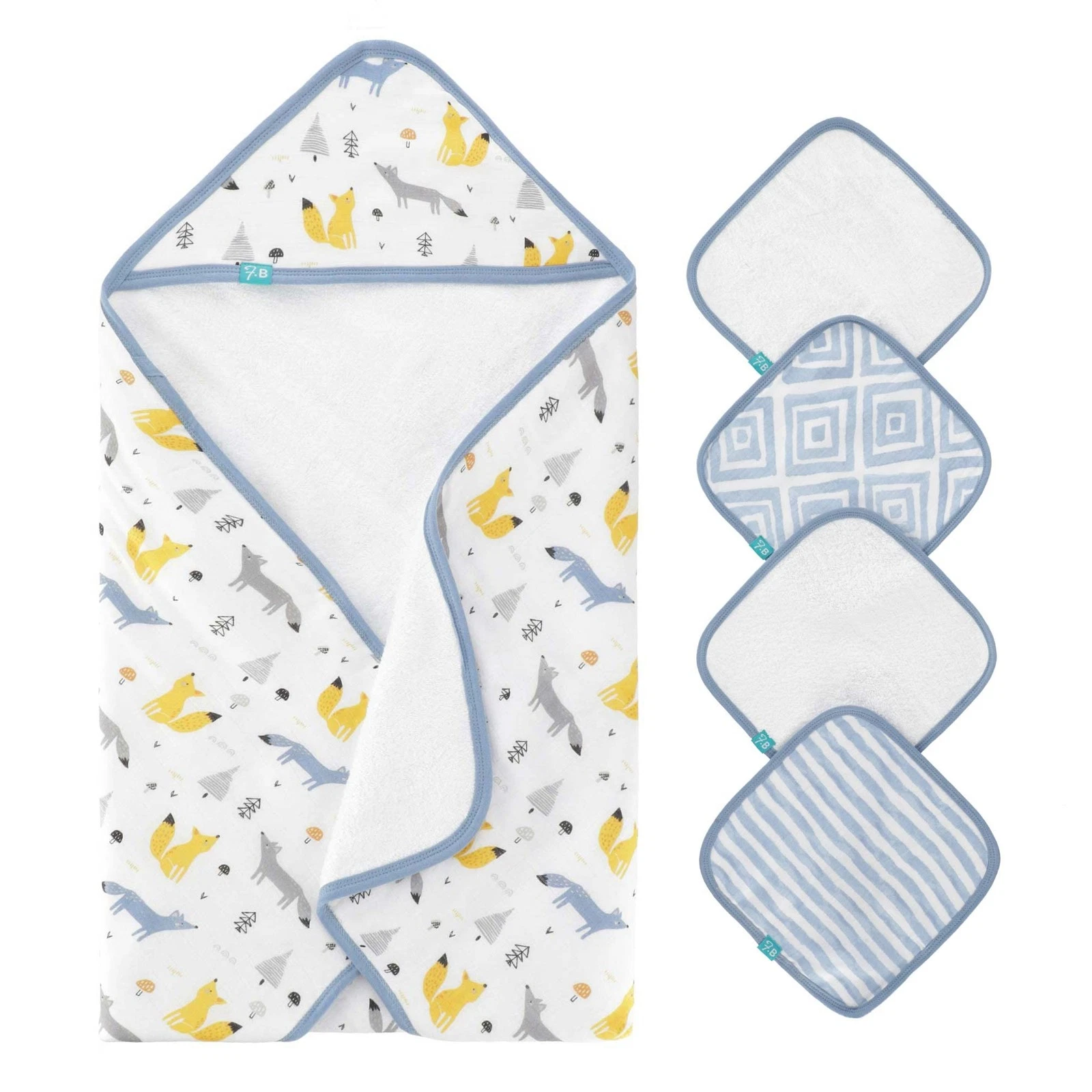Featherhead 5-Piece Cotton Muslin Hooded Bath Towel Washcloth Set Baby Blue Foxe
