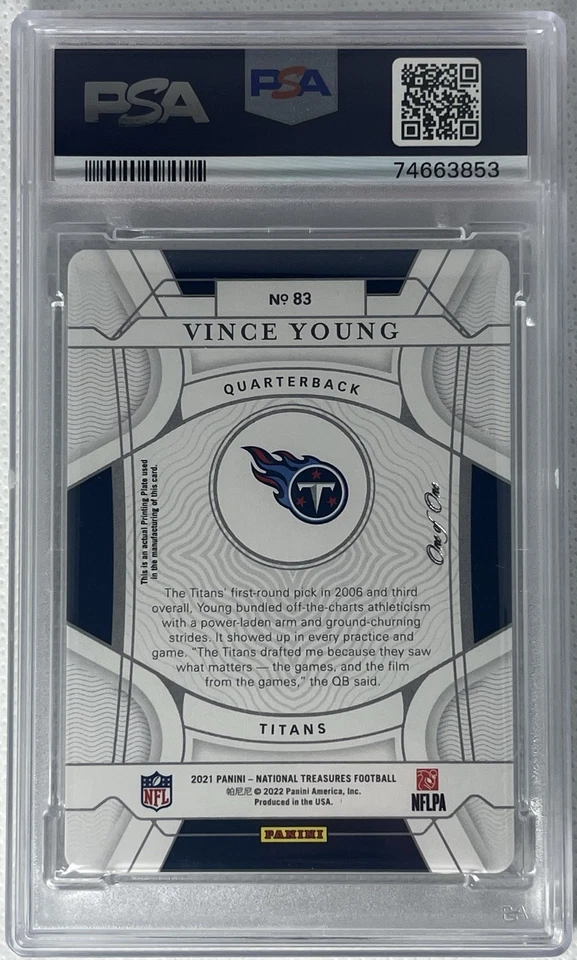 2021 Panini National Treasures Vince Young #83 Black Printing Plate 1/1 PSA 7 NM - Image 2 of 2