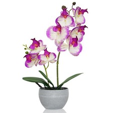 Purple Orchid Artificial Flowers 2 Stems in Grey Pot, Potted Faux Orchid Flow...