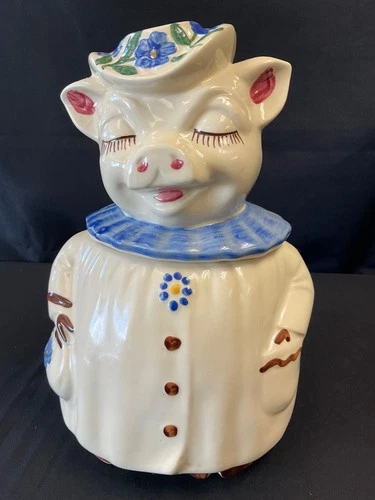 Vintage 40's Shawnee USA Pottery Winnie The Pig Blue Clover Blossom Cookie Jar,