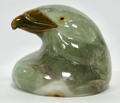 Carved Fluorite Eagle Head Paperweight, Tiger's Eye Beak & Glass Eyes