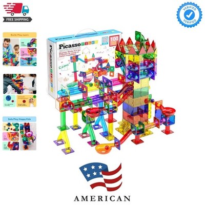 100pc Magnetic Marble Run Set with Racing Track Tiles Funnels Curved Slopes a...