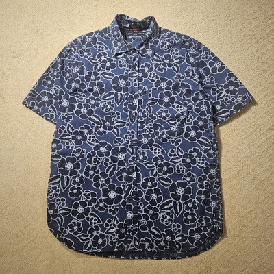 Tommy Hilfiger Pigment Dyed Floral Blue Short Sleeve Button-Up Shirt Men's M