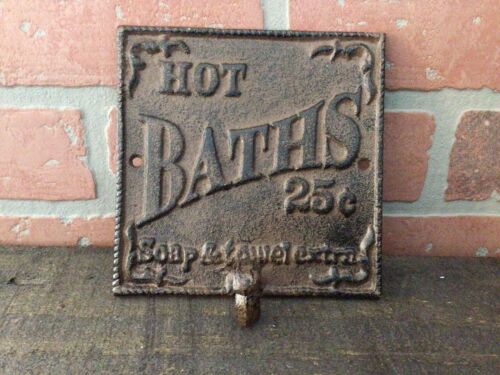 Rustic Vintage Style 5 1/2" Square Cast Iron Hot Baths 25 cents sign - Foto 1 di 9