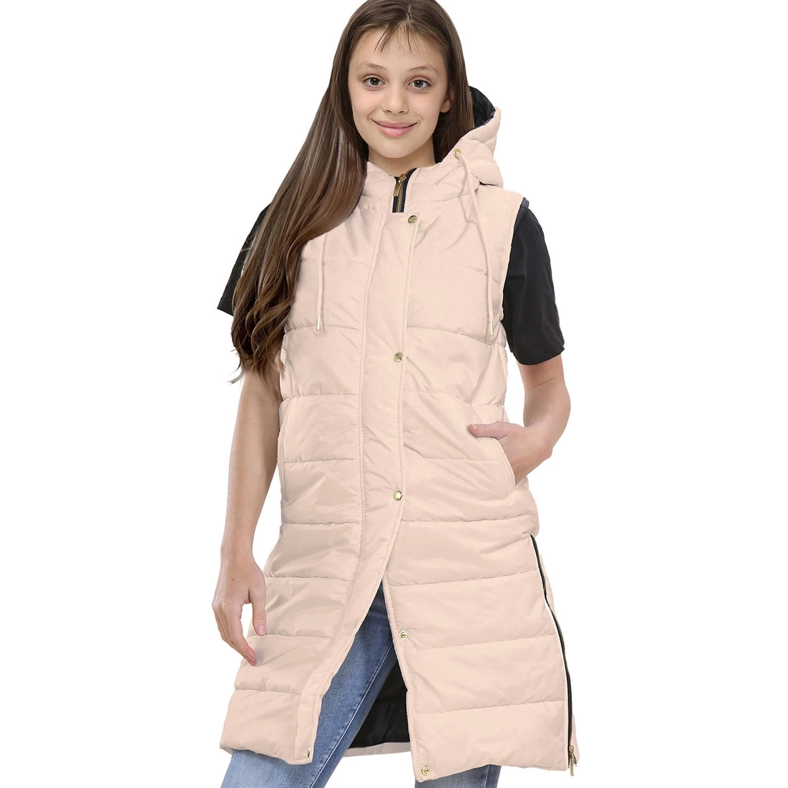 Kids Girls Oversized Stone Gilet Long Line Style Jacket Long Sleeveless Coat