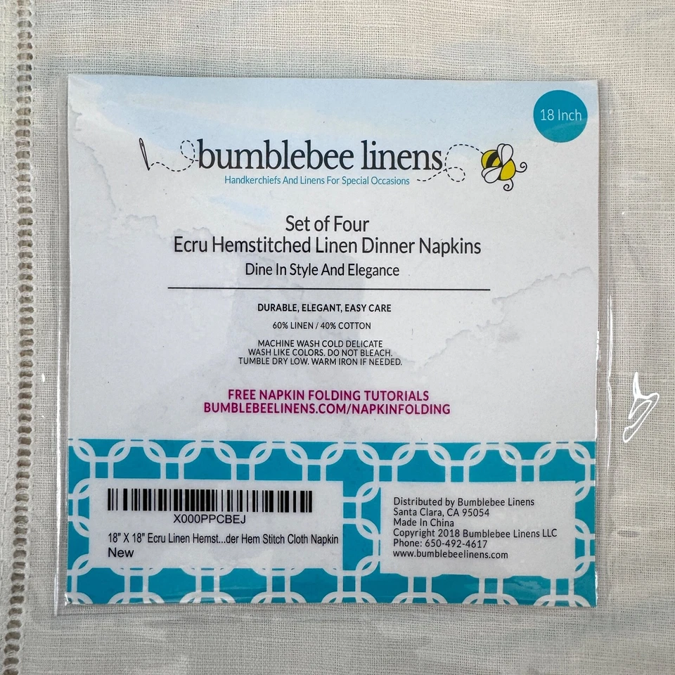 Linen Hemstitched Dinner Napkins Set of 4 Ecru BUMBLEBEE LINENS  18x18 NIP - Image 4 of 4