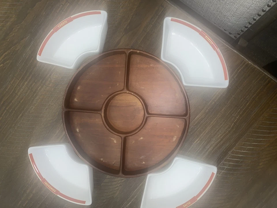POTTERY BARN Rustica Lazy Susan Wood Base Spins 4 Serving Trays-12in. Dips/Chips - Image 4 of 4