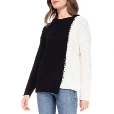 Studio B Colorblock Popcorn Mock Neck Knit Pullover Sweater Black/Cream Size M