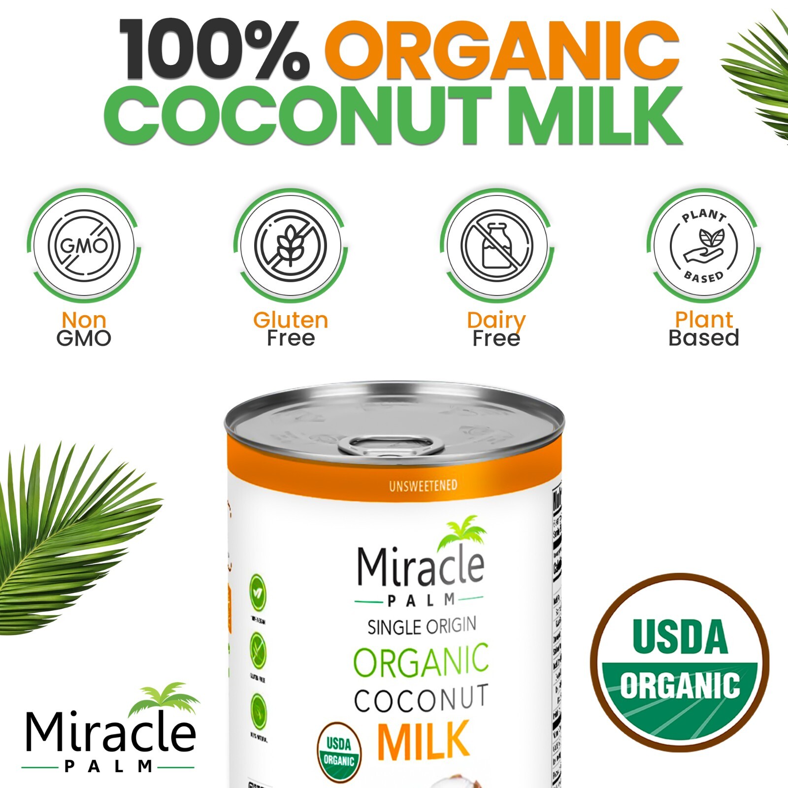 Miracle Palm Organic Coconut Milk Unsweetened - Canned Additive Free Pack of 6