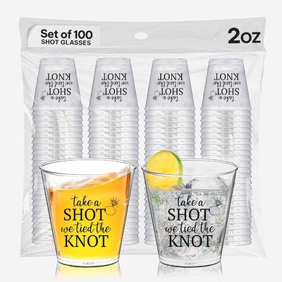 Take a Shot We Tied the Knot   100 PCS Plastic Wedding Shot Glasses, 2oz