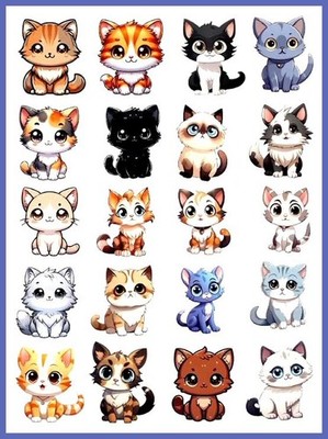 20 CUTE VINYL CARTOON KITTEN KITTY CAT SEALS STICKERS 7 7/8''X 5.75'' SHEET #1C