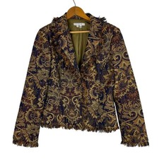 Vtg Brocade Tapestry Blazer Jacket Medium Floral Paisley Earth Tones Fringe 90s