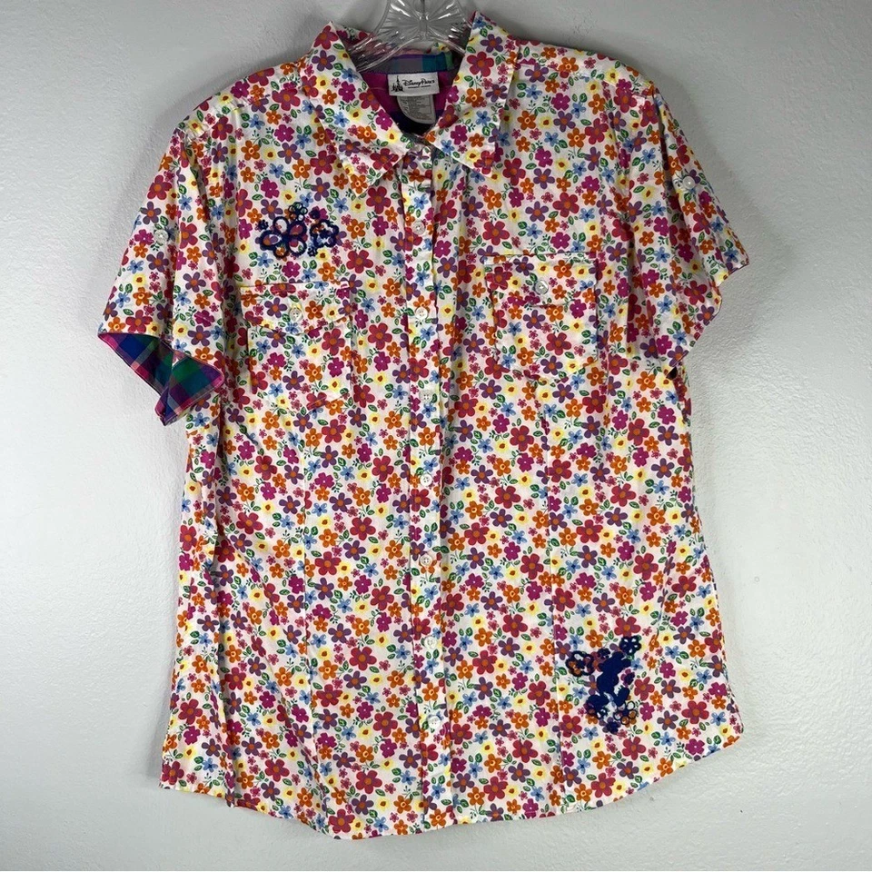 Disney Parks Shirt Women's XL Pink White Floral Embroidered Mickey Mouse - Image 2 of 4