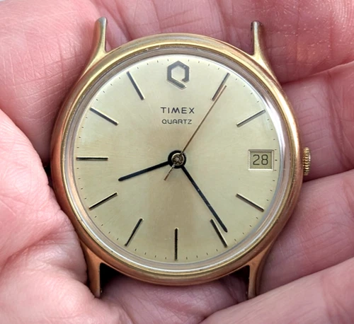 1980s TIMEX Q Calendar Gold Tone Vintage 33mm Quartz Watch Movement TICKS Read