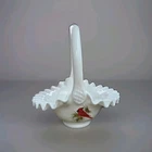 Vtg Fenton Milk Glass Basket Hand Painted Cardinal Pine Cones Signed A. Farley
