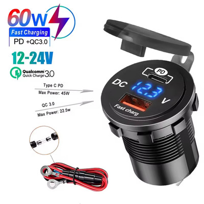 USB Auto KFZ Steckdose 12V QC 3.0+PD USB-C 60W Ladegerät Buchse Dose KFZ Einbau