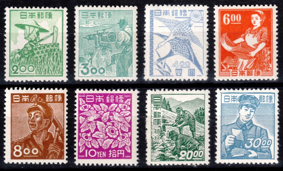 Japan 1951 1952, Mi#555-562, Sc#from 511, short set, birds, MNH