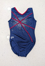 PATRIOTIC GK ELITE Gymnastics Dance Leotard AS Small Red Blue Sequins STARBURST