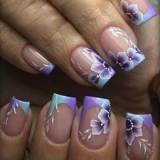 Gradient French Tip Press on Nails Short Square Fake Nails Purple pattern-25