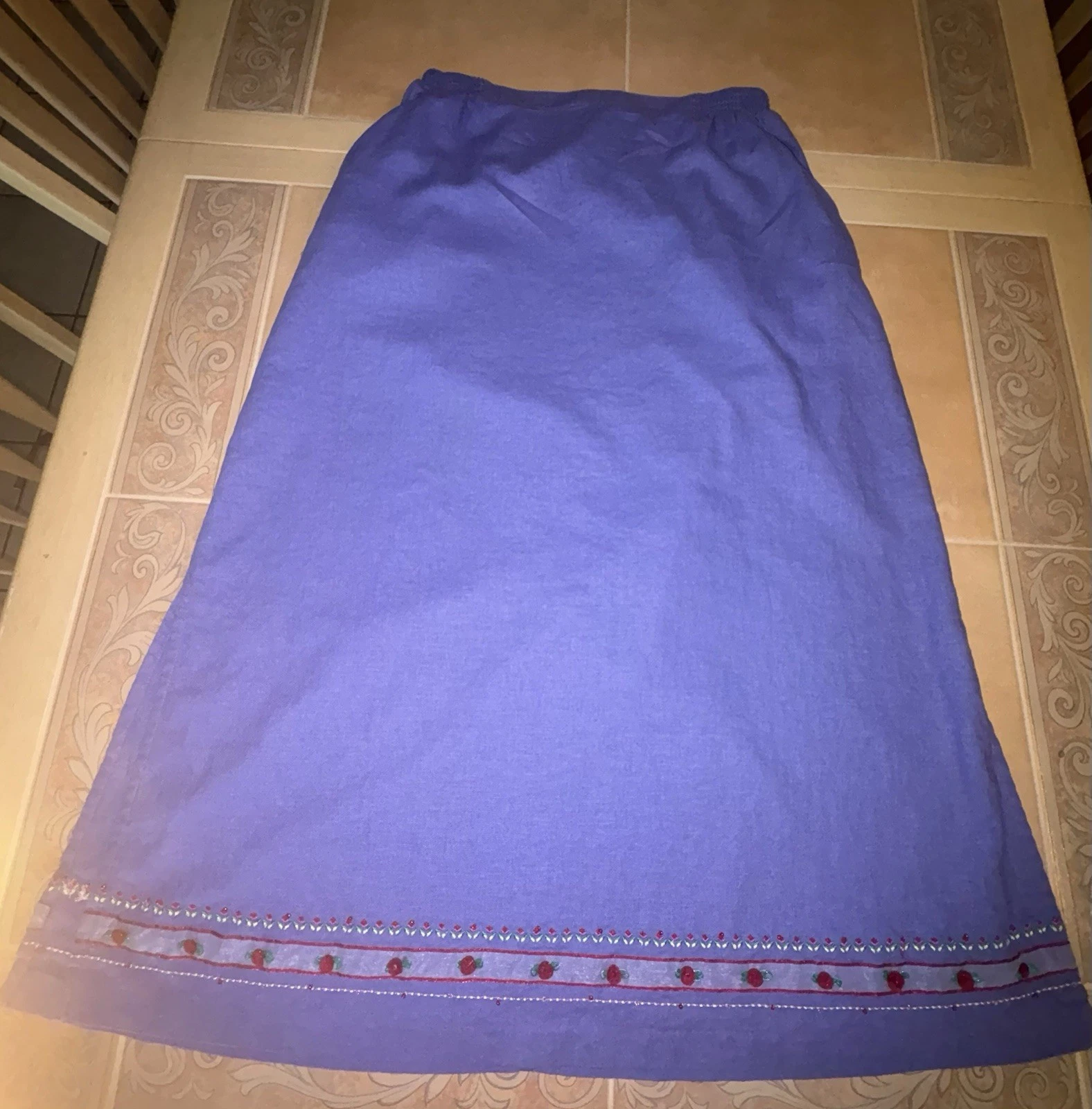 Koret Linen Midi Skirt Periwinkle Blue Embroidery Flowers Pockets Side Slits L