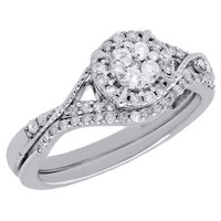 10K WeißGold Diamant Brautset Flower Halo Ring 0.38 Ct Verlobung