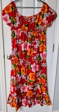 Vtg HUKILAU FASHIONS Hawaiian Dress Size 14 Red Floral Hibiscus Orange Pink EUC