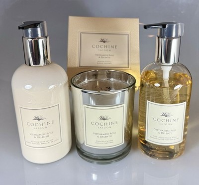 COCHINE TRIO, Hand & Body Lotion, Liquid Hand Wash, 8 oz. Candle, Rose & Delenti