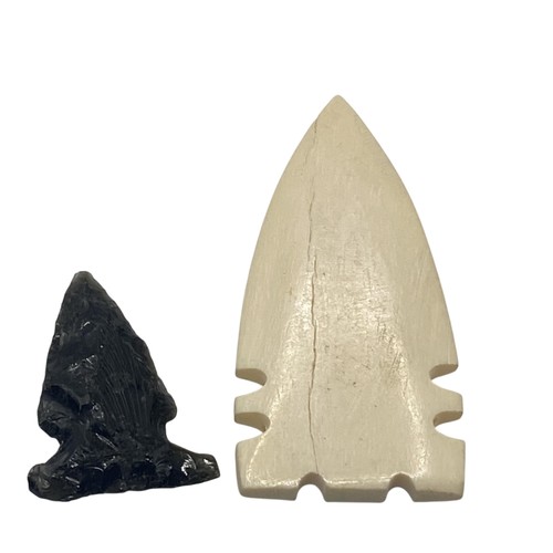 Small Black Stone Arrowhead Point & Carved Arrowhead Lot of 2