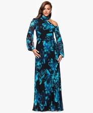 Xscape Women's Printed Mock-Neck Cutout Maxi Dress - Black/Teal Size 6 NWT