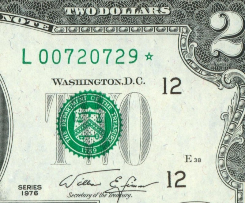 **STAR - 6 DIGIT** $2 1976 ((CU)) FEDERAL RESERVE (RED GLUE) (4th of 4 consec)