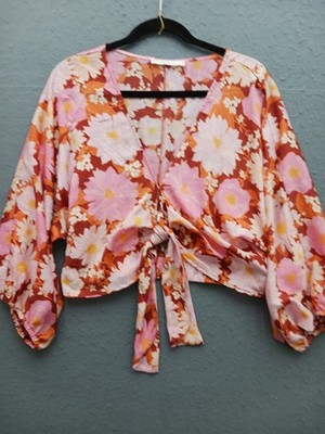 Lush Women L Top Multicolor Floral V-Neck Long Balloon Sleeve Wrap Tie Cropped