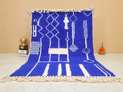 Hand Knotted Moroccan Berber Wool Rug Color Blue White Handmade Area Carpet Rug