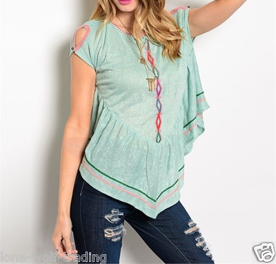 Ladies Peek-a-Boo Short Sleeve ''Mint'' Embroidered Top-RT-10-CN223778