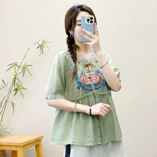 Camicia retrò sciolta etnica cotone lino ricamato top cardigan estivo cinese - Foto 7 di 29